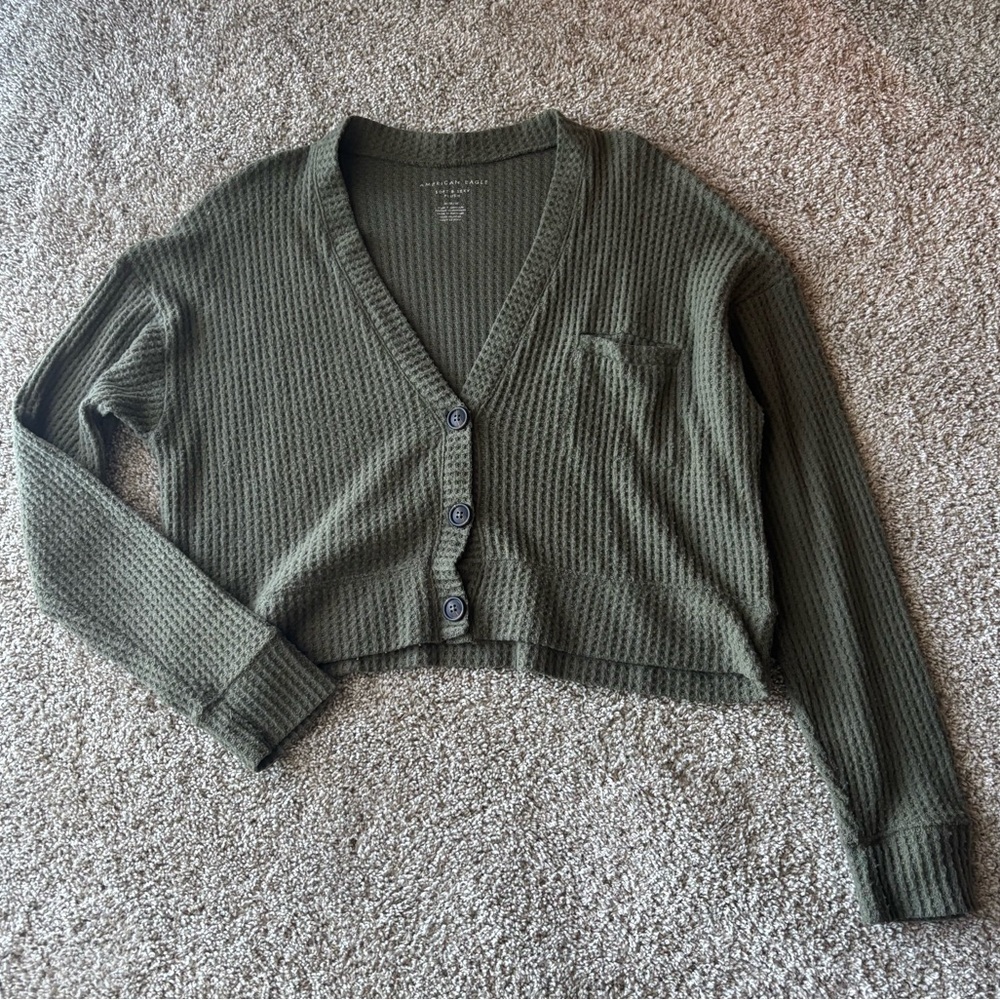 American Eagle Soft + Sexy Plush Cropped Button Up Sweater